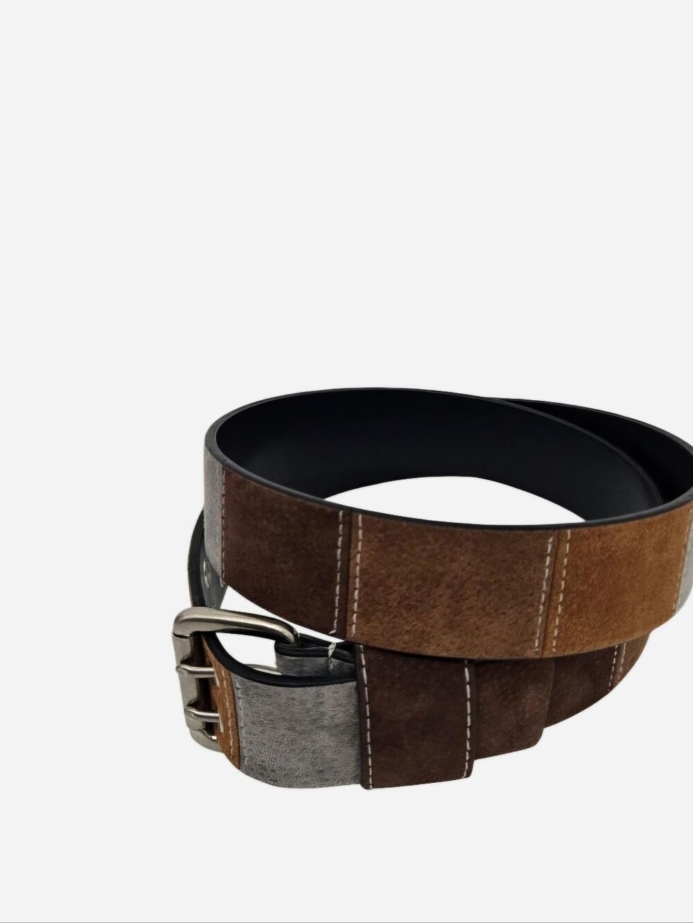 Suede leather brown & gray patchwork belt with white stitching - Picture 3 of 8